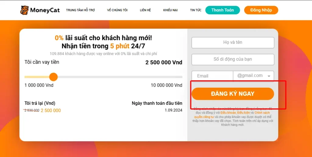 Đăng ký tài khoản App vay Moneycat